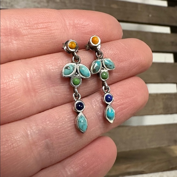 Navajo tribal Native American great shape stamped turquoise lapis 925 earrings - Picture 2 of 6